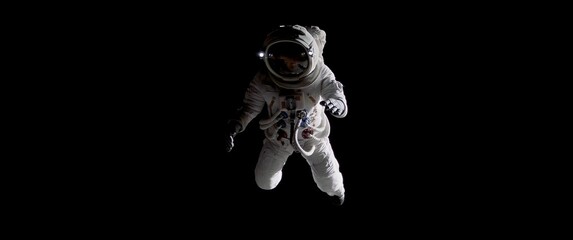 Full portrait of Caucasian female astronaut during spacewalk, deep space in the background © supamotion