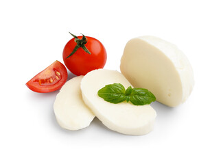 Delicious mozzarella cheese and tomatoes on white background