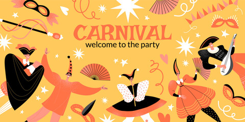Venetian carnival invitation banner with people dressed as Italian theater characters, masks and decorations