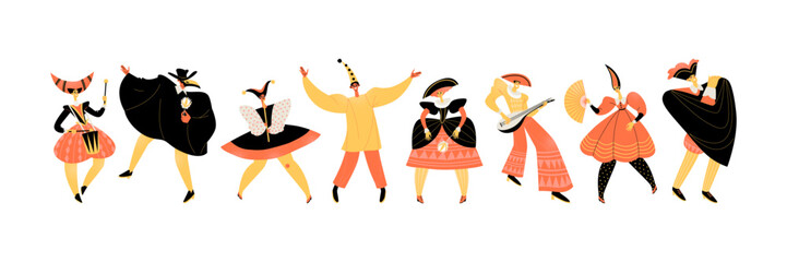 Venice Carnival. People in fancy dress. Italian theater characters collection