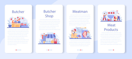 Fototapeta na wymiar Butcher or meatman mobile application banner set. Fresh meat