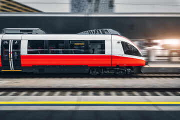 Naklejka na ściany i meble High speed train in motion inside modern train station in Vienna. Fast red intercity passenger train with motion blur effect. Railway platform. Railroad in Europe. Commercial transportation. Transport