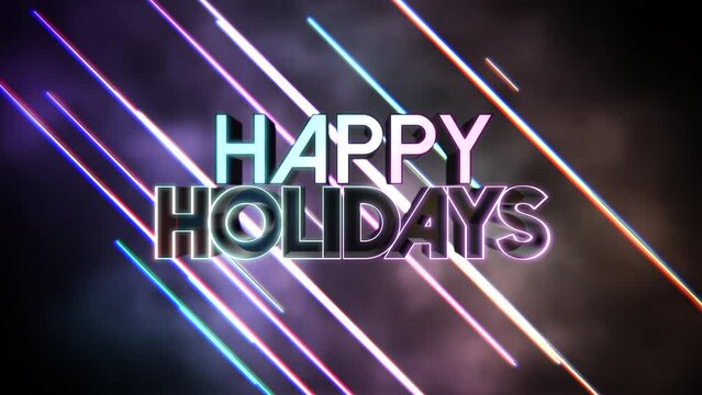 Happy Holidays with neon laser lines in dark space, motion abstract disco, club, retro and holidays style background