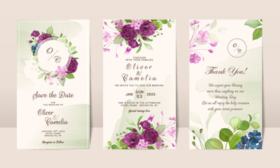 Social media watercolor floral wedding invitation card template set