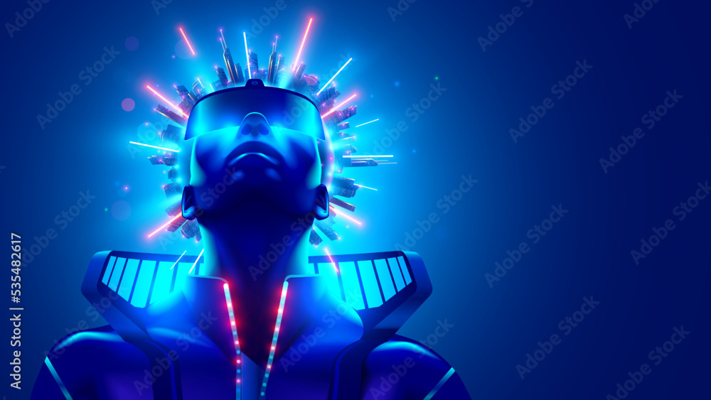 Aufkleber Man in VR AR 3d futuristic headset in virtual reality simulation in metaverse in cyberpunk style suit. Metaverse world concept. Video computer Gamer in cyberspace. Digital technology entertainment.