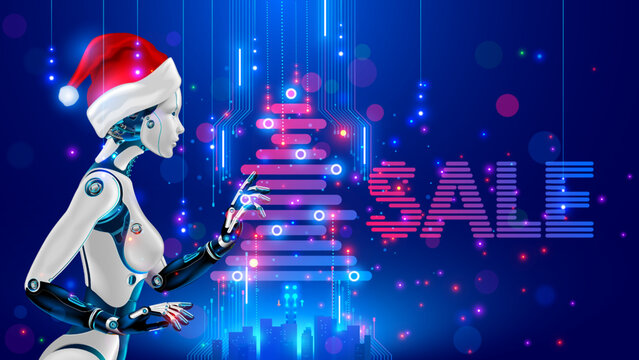 Christmas online sale banner in tech cyberpunk style. Beautiful robot woman in red hat decoration virtual Electronic christmas tree. New year internet shopping advertisement. Cyborg Snow maiden. AI.
