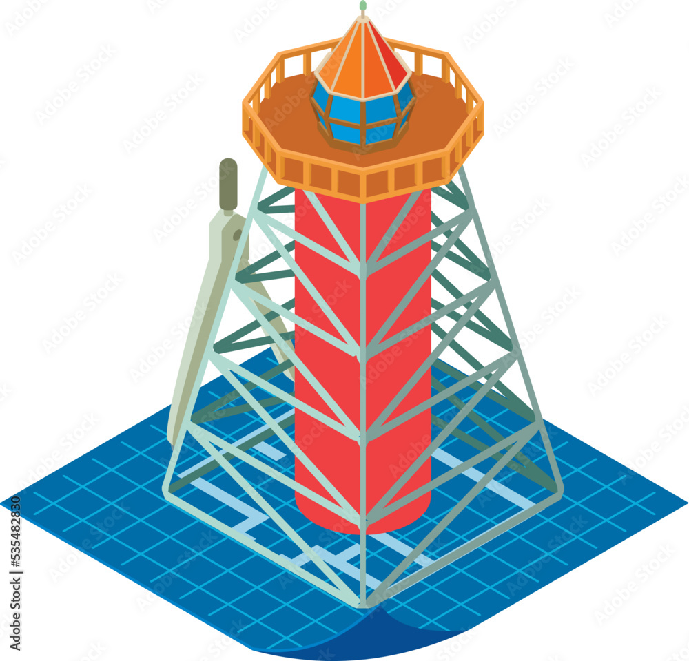 Poster lighthouse project icon isometric vector. beacon model on blue print and compass. construction graph