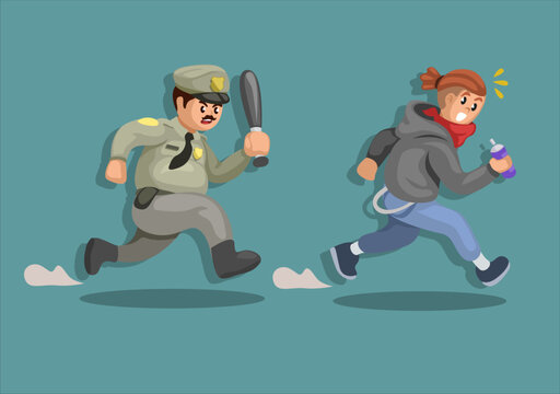 Police chasing bad boy vandalism. criminal activity illustration vector