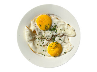 Breakfast plate with two fried eggs in yin yang position on a plate isolated on transparency png file