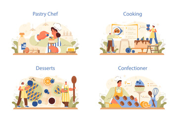 Confectioner concept set. Professional pastry chef making sweets
