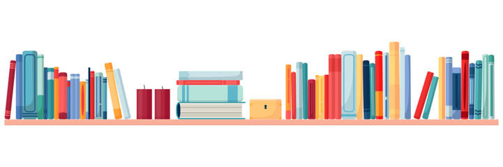 A long shelf with standing and lying books. Horizontal vector illustration isolated on white background. A shelf with various books, a box and a couple of candles.
