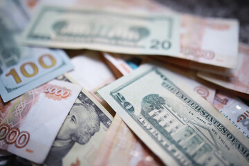 A Russian banknote value of 5000 rubles. The concept of finance, investment, savings and cash. Money background. Currency exhange. Economic crisis. Rouble dollar cash.