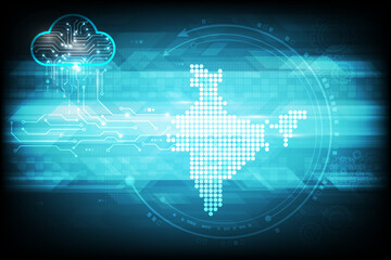 The map of India by searching for target groups, important points about technology and IT link cloud storage, in the form of dark blue vintage background.