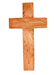 Watercolor religious illustration, wooden textured cross isolated on white background. For various products, etc.