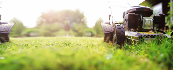 Lawn mower cut grass. Garden work. Electric Rotary lawn mower machine. Panorama, banner