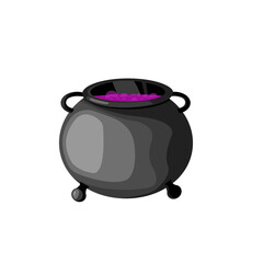 Witchs iron round cauldron with magic purple potion with bubbles. Vector illustration