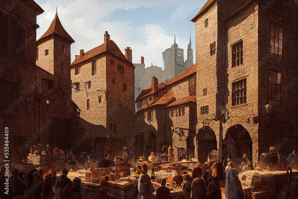 Poster 3d rendering of main square in a medieval town