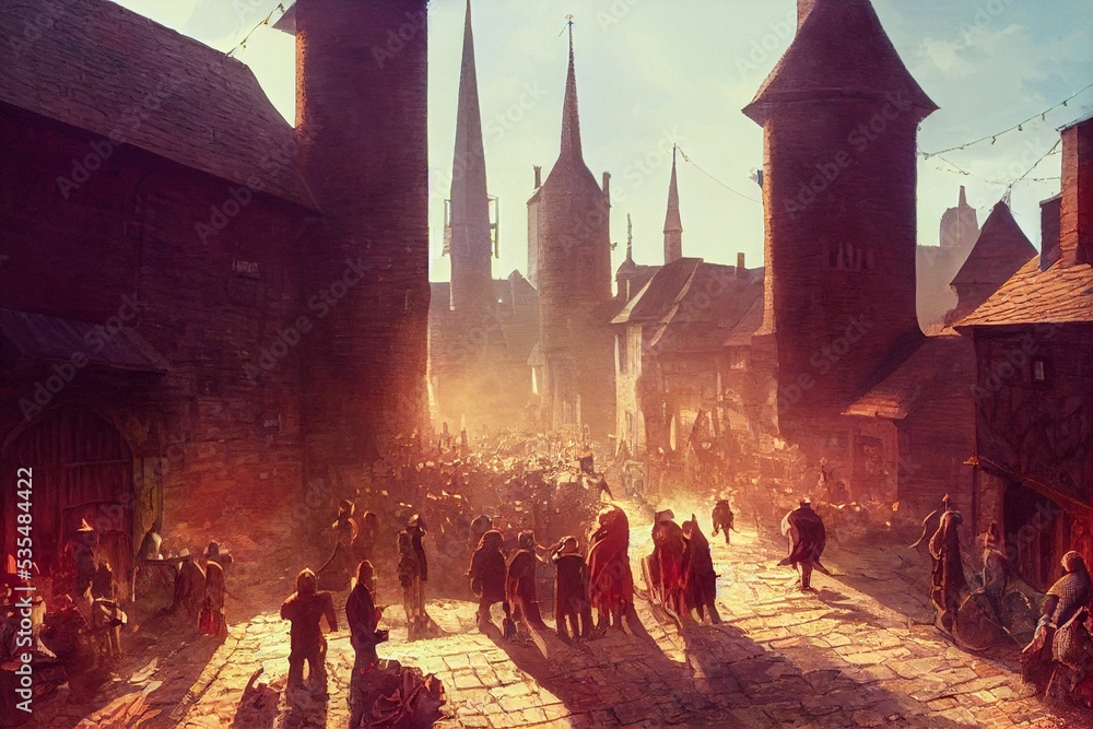 Poster 3d rendering of main square in a medieval town