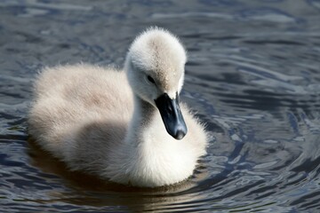 Closeup shot of a mute swan cygnet swimming in a blue pond