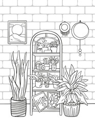 Cool home office interior. Coloring book for adults. The interior of the room. Black and white illustration.