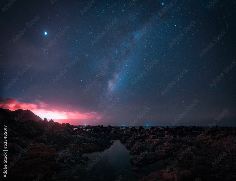 Poster beautiful view of the night sky with the milky way. new zealand.