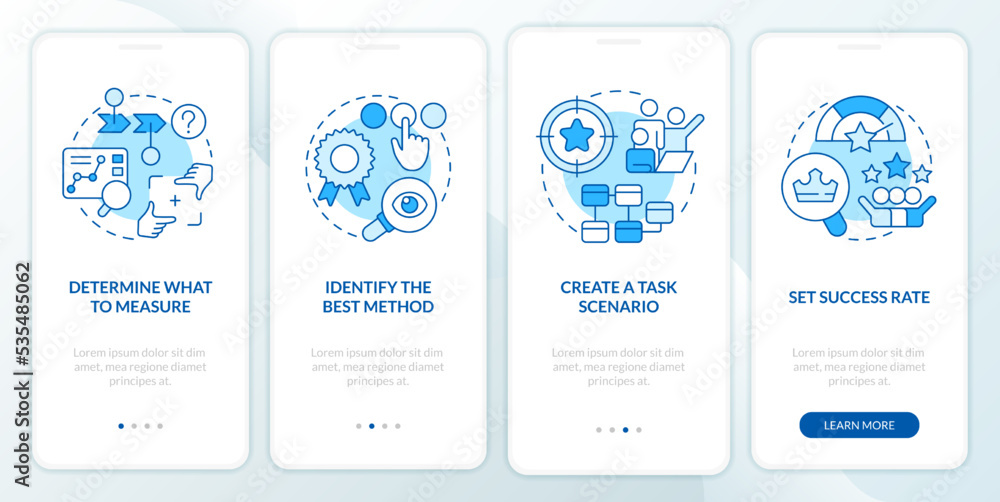 Poster usability testing strategy blue onboarding mobile app screen. research walkthrough 4 steps editable 