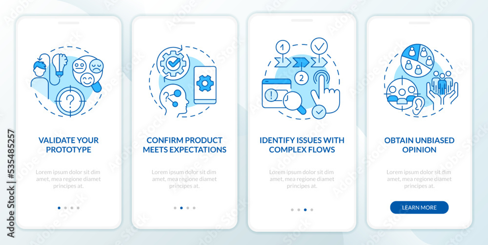 Poster advantages of usability testing blue onboarding mobile app screen. walkthrough 4 steps editable grap