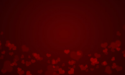 Red bokeh hearts on dark red background with copy space