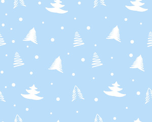 Fototapeta na wymiar White Christmas trees and snow on blue background seamless pattern