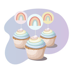 Rainbow birthday decoration toppers. Kids pastel birthday cupcakes. Celebration, holiday, event, festive, bakery, tasty food concept. Baby shower. Isolated vector illustration.