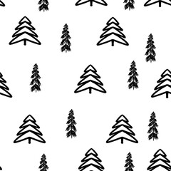 Black christmas trees on white background seamless pattern