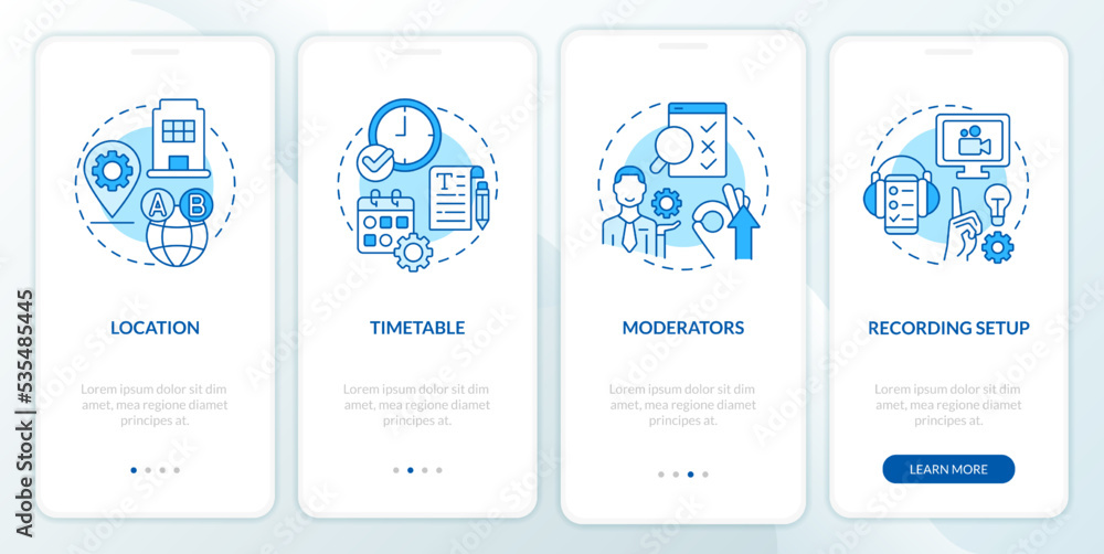 Poster usability testing logistical parts blue onboarding mobile app screen. walkthrough 4 steps editable g