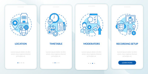 Usability testing logistical parts blue onboarding mobile app screen. Walkthrough 4 steps editable graphic instructions with linear concepts. UI, UX, GUI template. Myriad Pro-Bold, Regular fonts used