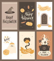 Halloween stories templates. Social media greeting illustrations with cute ghost, door to crypt, snake eating caramel apple, poison cauldron, witch hat. Vector banners collection, phone backgrounds.
