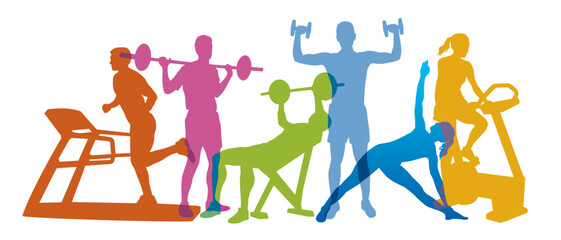 Fitness and sport graphic with athletes in sport center. © Salome