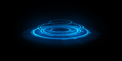 Hologram podium futuristic circle blue hud podium modern technology gaming. round border frame scifi digital screen. © Vuang