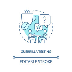Guerrilla testing turquoise concept icon. Real client usability feedback. Live survey abstract idea thin line illustration. Isolated outline drawing. Editable stroke. Arial, Myriad Pro-Bold fonts used