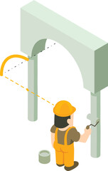 Painting work icon isometric vector. Painter with paint roller near arch icon. Designing, building, reconstruction