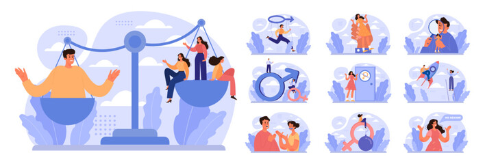 Gender inequality concept set. Women social imparity problem