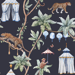 Beautiful vector tropical seamless pattern with watercolor hand drawn palm trees jaguar monkey with sun umbrella and old styled tent. Stock illustration. © zenina