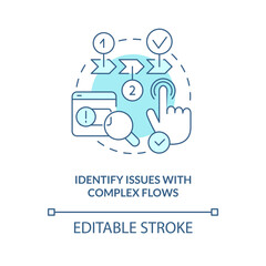 Determine issues with complex flows turquoise concept icon. Check mistakes abstract idea thin line illustration. Isolated outline drawing. Editable stroke. Arial, Myriad Pro-Bold fonts used