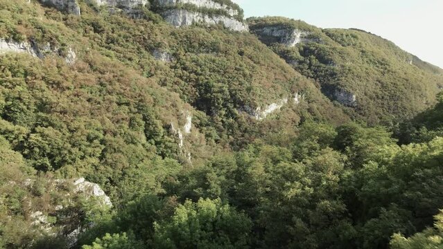 View through the valley with green trees in Molina di Ledro under the blue sky