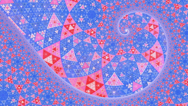 Abstract red, pink and blue spiral hypertile fractal art background.