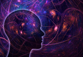 Human brain in head silhouette with fractal art background depicting neural activity. Background image also available separately - search for 472797405 in Images.