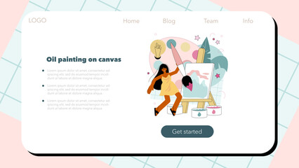 Art school education web banner or landing page. Student holding