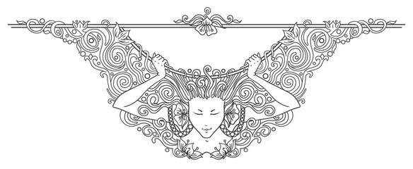 PNG transparent vignette with angel woman holding decorative border, divider as detailed vintage engraved art nouveau element