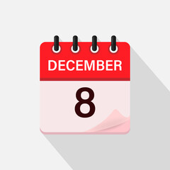 December 8, Calendar icon with shadow. Day, month. Flat vector illustration.