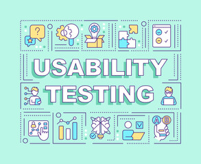 Usability testing word concepts turquoise banner. Behavioral research. Infographics with editable icons on color background. Isolated typography. Vector illustration with text. Arial-Black font used