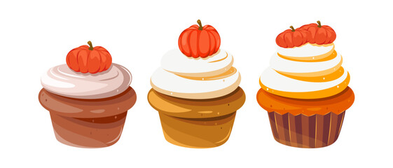 A set of pumpkin cupcakes with whipped cream and pumpkins.Design elements for Thanksgiving, Halloween.