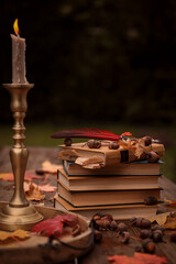 Herbs Bücher Eicheln Stillleben